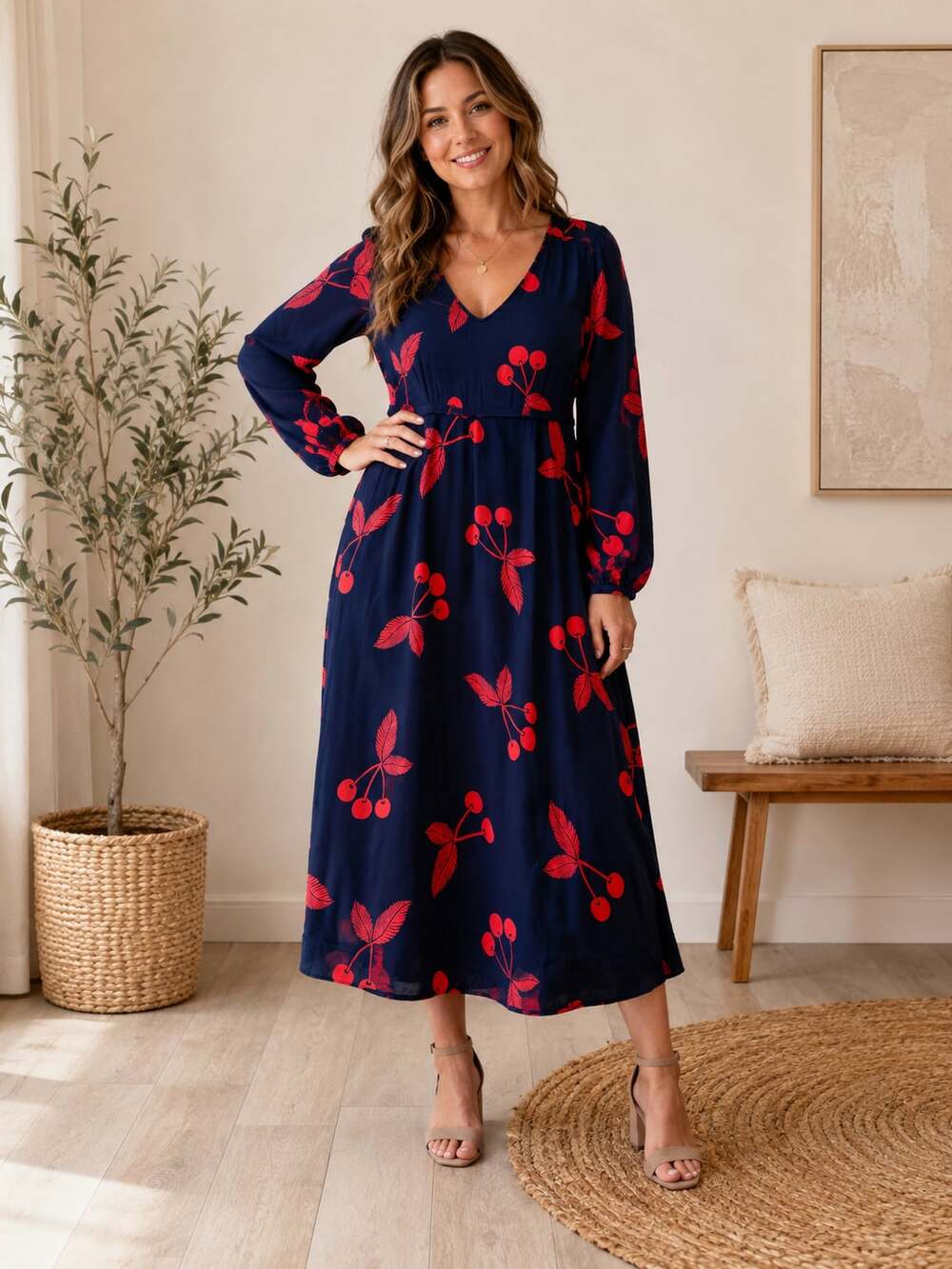 Boden Tanya Midi Dress 12R Navy Red Cherry Print Long Sleeve Pockets Viscose